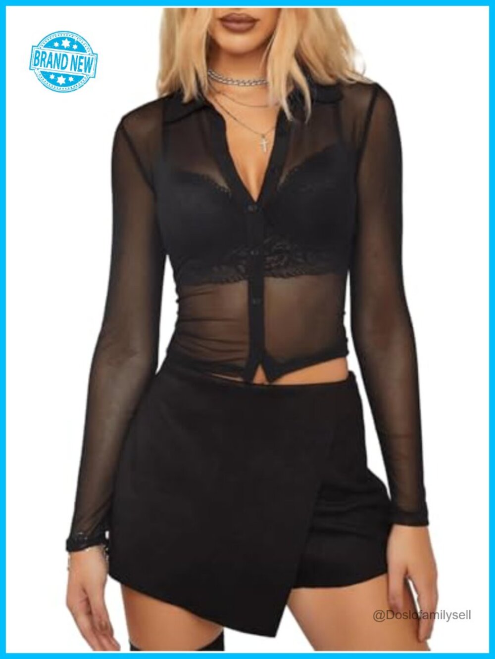 Women's Sheer Mesh Button Down Crop Top Long Sleeve Blouse
